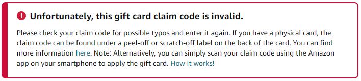 Amazon Gift Code Error