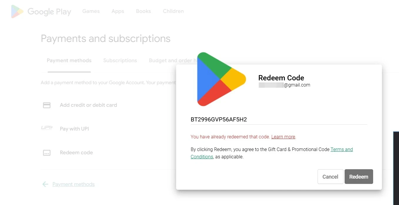redeem code in play store Google Play Code -Already Redeemed
